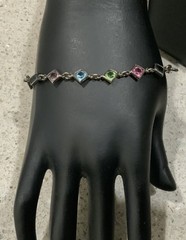 VTG ITALIAN STERLING SILVER BRACELET BEZEL SET MULTI COLOR GLASS STONES 7”