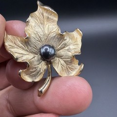 Vintage Gold Tone Maple Leaf Brooch Pin with Faux Black Pearl Center, 1960s