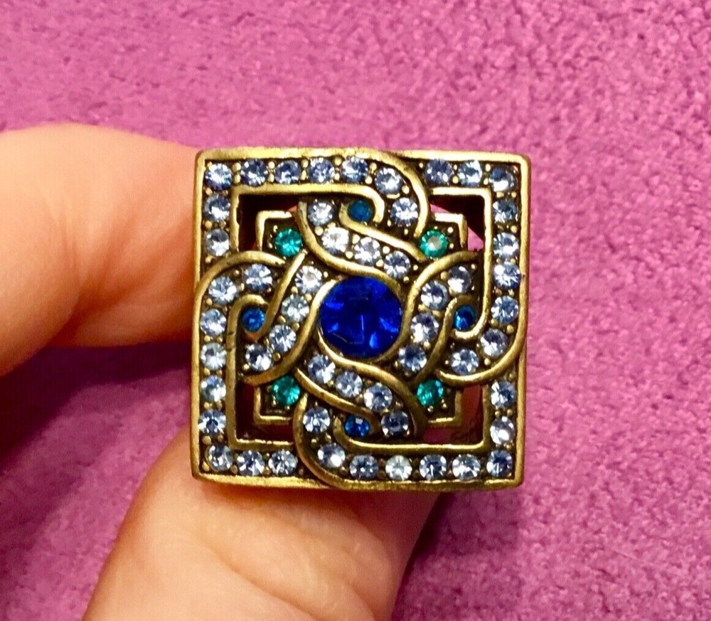 Vintage Gold Tone LAVINTAGE CHINA Blue Teal Rhinestones Square Ring
