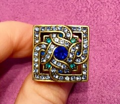 Vintage Gold Tone LAVINTAGE CHINA Blue Teal Rhinestones Square Ring