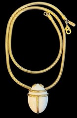Vintage MONET White Enamel SCARAB Snake Chain SIGNED Gold Tone Necklace 14.5”