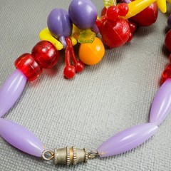 Vintage Fruit Salad Necklace Plastic Grapes Cherries Bananas Pears 27″