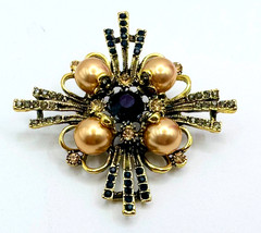 Gold Tone Faux Pearls & Multicolor Rhinestones Brooch Contemporary