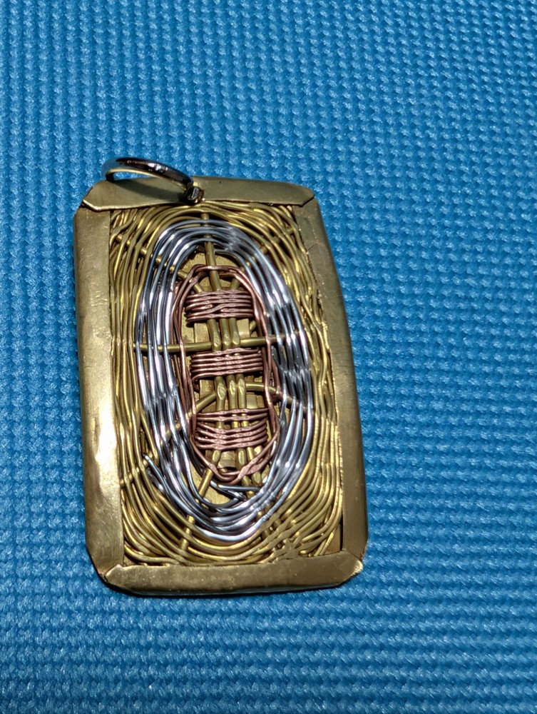 Vintage 60s Modernist Mixed Metal Pendant Brutalist Woven Copper Brass Wire Art