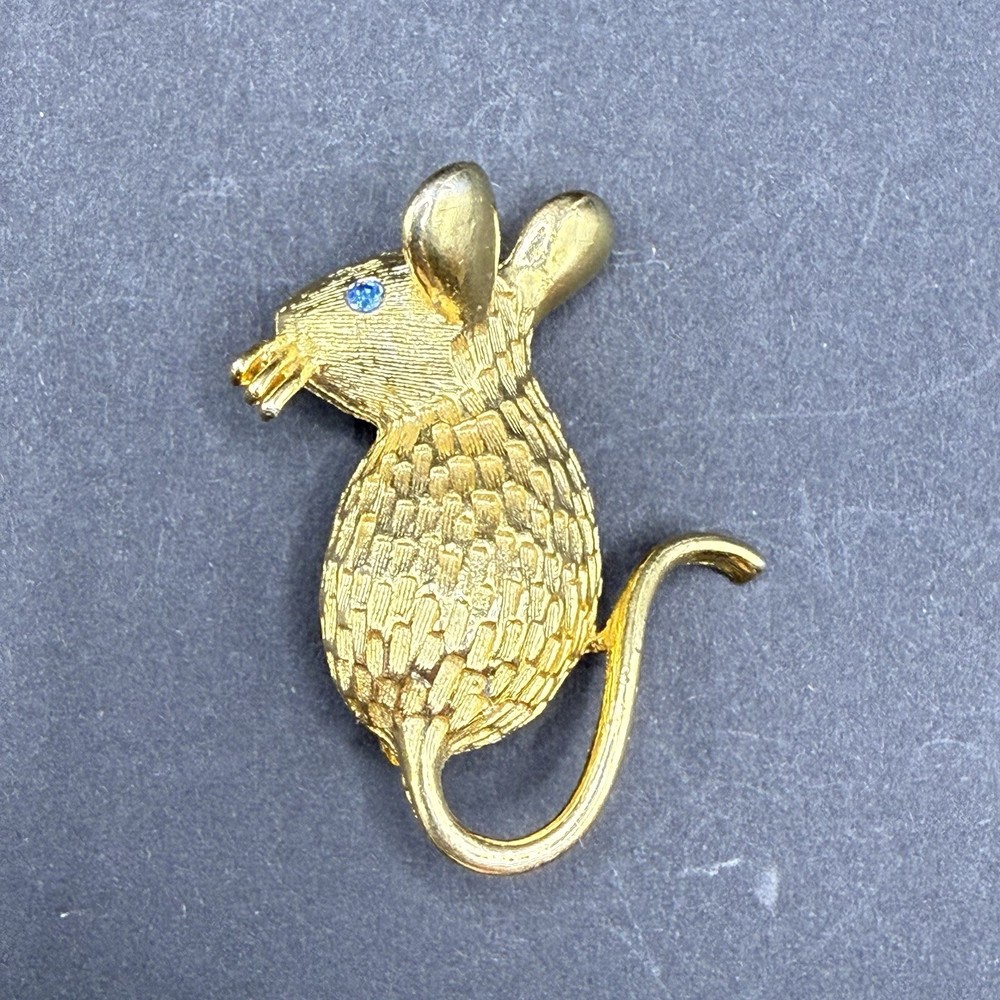 Vintage Signed Lind -Gal LG Mouse Brooch Pin Textured Gold-tone With Blue Eye