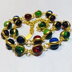 Rainbow Glass Vintage Style Long Necklace Bezel Jelly Glass Cabochons Necklace