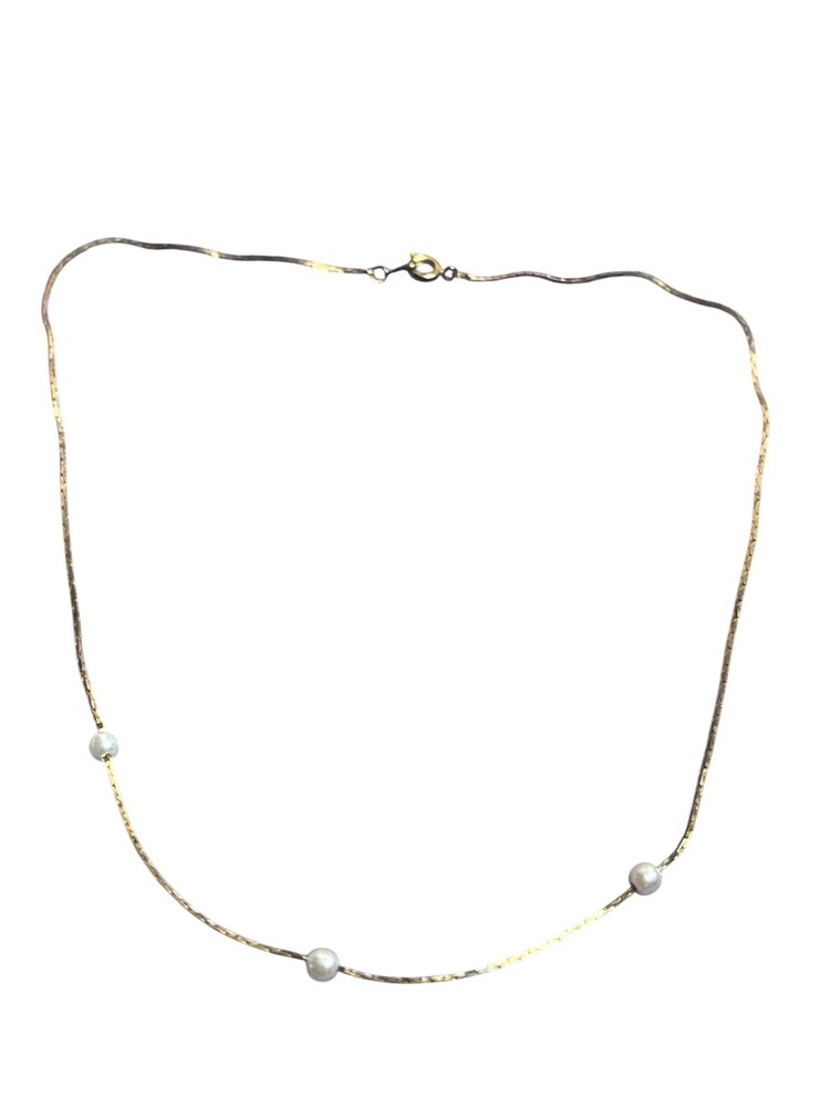 Vintage 80s Dainty Goldtone Necklace Faux Pearl Beads Spring Ring Clasp 16 inch