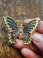 Vintage Butterfly Brooch features a Gold Tone Base w/ Enamel- Blue Green Purple