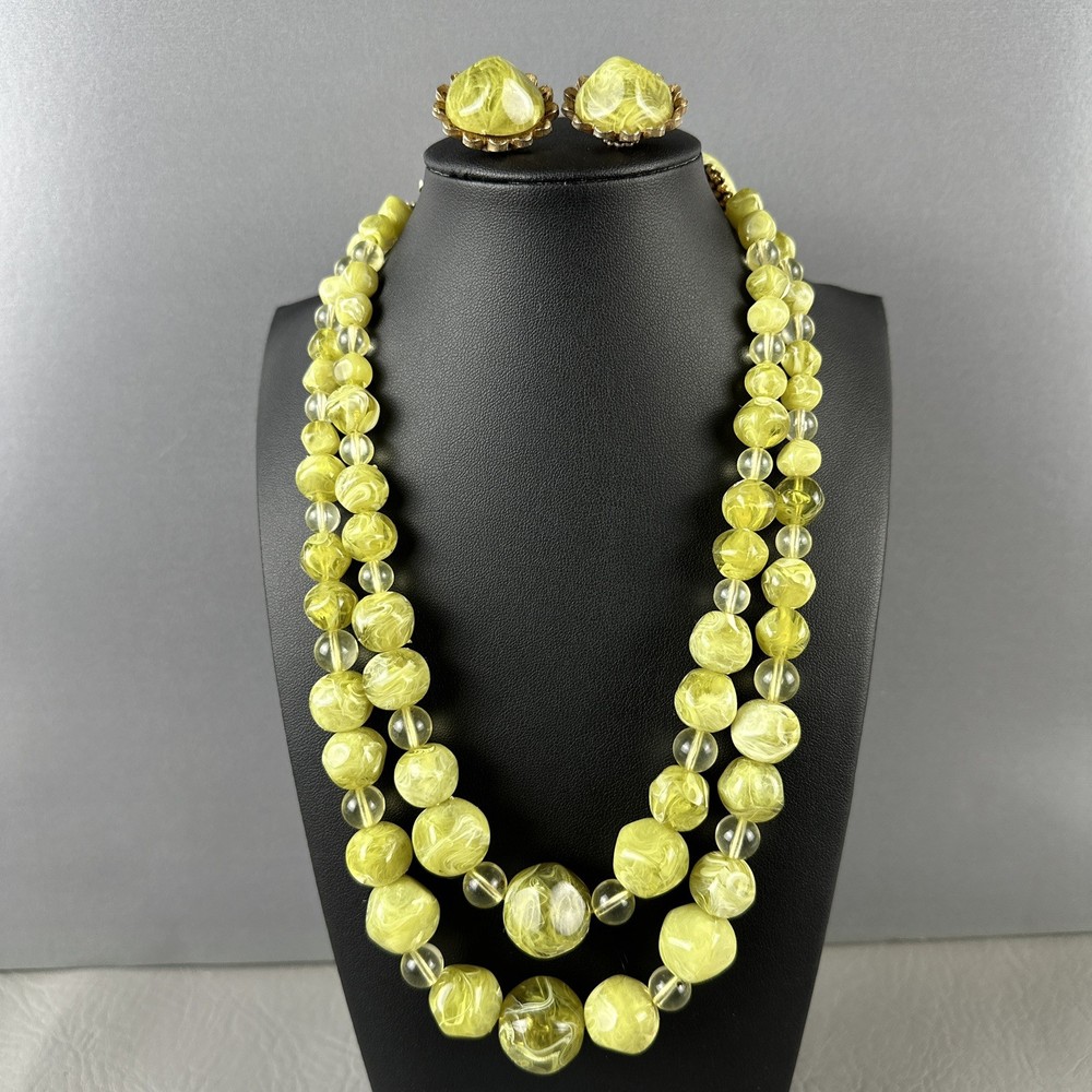 Vintage Necklace Earring Set Lime Green Marbled Lucite Double Strand Clip On