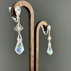 Vintage Earrings AB Crystal Dangle Silver Tone Filigree Briolette Teardrop Clip