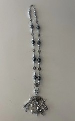 Vintage Silver Tone Beaded Tassel Necklace Gray Crystal Statement Pendant