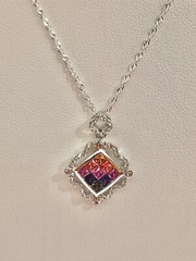 Vintage Rainbow Color Faceted Square Sterling 925 Diamond Shape Pendant Necklace