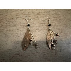Vintage Mixed Metal Feather Dangle Earrings Boho Copper Leaf Drop Beads