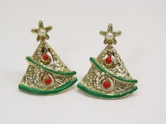 Christmas Trees Earrings Faux Pearl Enamel Pierced Vintage D3070