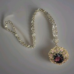 Vintage West Germany Ornate Flower Rhinestone Filigree Necklace Purple Amethyst