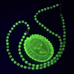 Uranium Glass Necklace 23” Cameo Pendant Vaseline Yellow Czech Beads