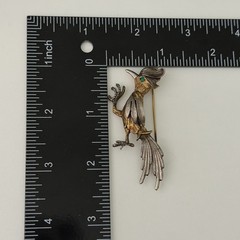 Vintage Road Runner Bird Brooch Pin Silver & Gold Tone Green Eyed