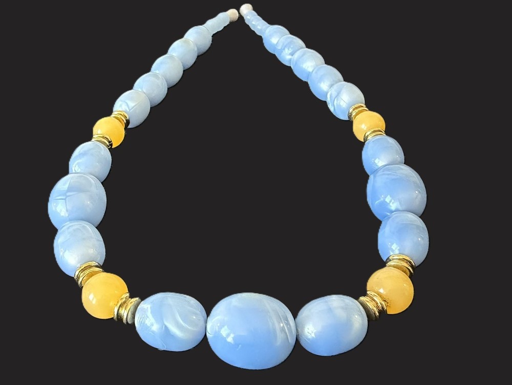 Vintage Blue Marbled Lucite Bead Necklace Graduated Statement Gold Tone Spacers