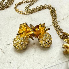 Vintage Pineapple Necklace & Earrings Gold Tone & 925 Rhinestones Crystal Beach