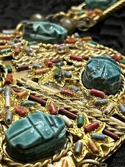 Vintage Egyptian Revival Pectoral Statement Necklace Glaze Soapstone Scarab Gilt