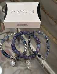 Vintage NIB Avon Religious 3 Piece Purple Silver Tone Stretch Bracelet Set
