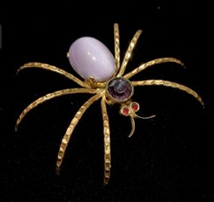 Vintage Czech Spider Brooch Gold Cats Eye Glass Cabochon Purple Rhinestone