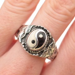 925 Sterling Silver Vintage Real Black & White Onyx Yin Yang Ring Size 11.75
