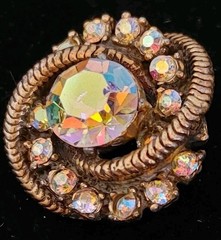 Vintage Aurora Borealis AB Rhinestone Prong Set Swirl Button Brooch Gold Tone
