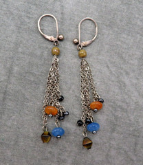 Vintage Sterling Silver Earrings Pink Blue Brown Gemstones 2.5 in Tassels 83f
