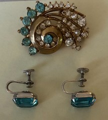 Vintage Aqua Blue & Rhinestone Brooch and earrings costume jewelry