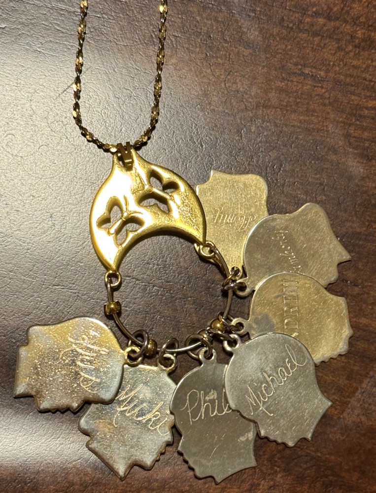 Vintage Monet Charm Holder Butterfly Gold Necklace W/ Silhouette Profile Charms