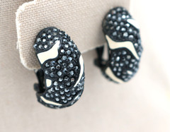 Vintage ST. JOHN Black Rhinestone Creamy Beige Enamel Shrimp Clip On Earrings