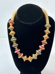 Boho Chic Fashion Wood Rainbow Disc 18” Necklace Vintage Estate Chunky Funky WOW