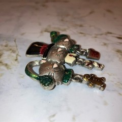 Vintage Cat Brooch with Christmas Holiday Charms Winter Pendant Pin Jewelry