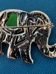 Vintage Monet Elephant Brooch Gold Tone Pave Rhinestones Jade Green Signed