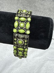 Vintage Green Faceted Cabochon & AB Rhinestones Ornate Stretch Bracelet