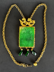 Kenneth Jay Lane KJL Faux Chinese Imperial Jade Pierced Filigree Plaque Necklace