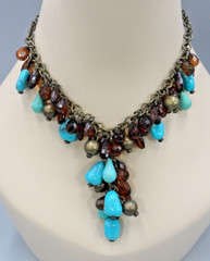 Beaded Y-Drop Choker Necklace Howlite Faux Turquoise Teardrop Briolettes Brass