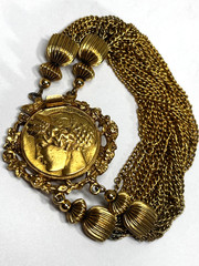 Vintage Ornate Gold-tone Coin attached to 24 dangling tassel Chains Bracelet