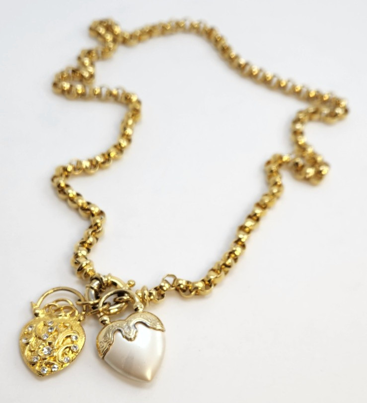 Vintage Joan Rivers Gold Tone Belcher Chain Heart Charm Necklace 32 in