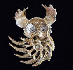 Great Horned Owl Brooch Costume Pin Red Green Rhinestones Tail Moves Vintage