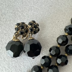 Vintage 2 Strand Jet Crystal Necklace & 2 Pairs Earrings – Rhinestone Clasp