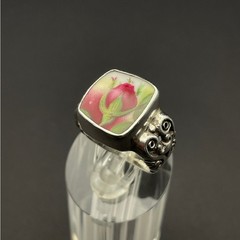 Sterling Silver Rosebud Flower Ring Ceramic Jewelry Cottage Vintage Fuchsia
