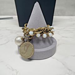 Vintage JOHN WIND Faux Pearl Multi strand Gold Tone Chain Initial “J” Bracelet