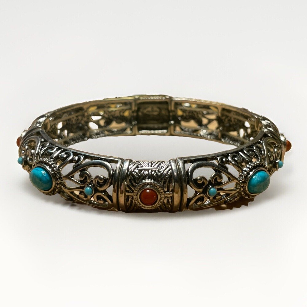 Barzel Silver Plated Stretch Cuff Bracelet Bangle Turquoise & Amber Stones Boho