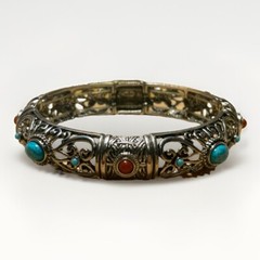 Barzel Silver Plated Stretch Cuff Bracelet Bangle Turquoise & Amber Stones Boho