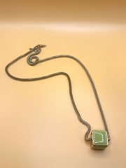 Vintage Modernist MCM Gold Tone Mesh Chain Lime Green Enamel Cube Necklace 32”