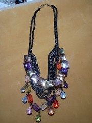 Necklace w/Plastic & Glass Beads Multi Color & Layered Gunmetal