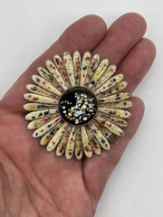 Vintage Enamel Daisy Brooch Double Petals Abstract Color Print 1960s, Not Signed