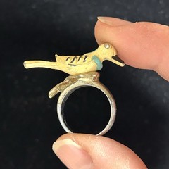 Vintage Bird Ring Enamel Figural Yellow Blue Novelty Size 6.75 Cottagecore